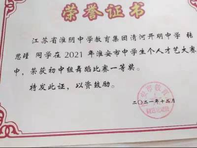 2021年張思瑾所獲榮譽(yù)（指導(dǎo)老師：袁彬）