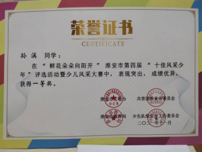 2021年孫溪所獲榮譽（指導(dǎo)老師：趙筱雪）