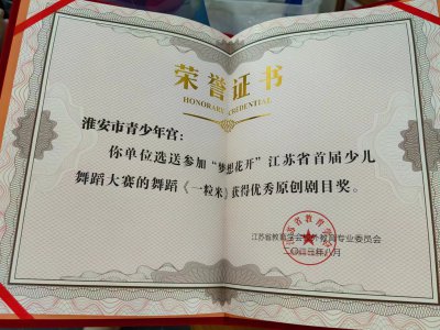 “夢想花開”江蘇省首屆少兒舞蹈大賽的舞蹈《一粒米》獲優(yōu)秀原創(chuàng)劇目獎